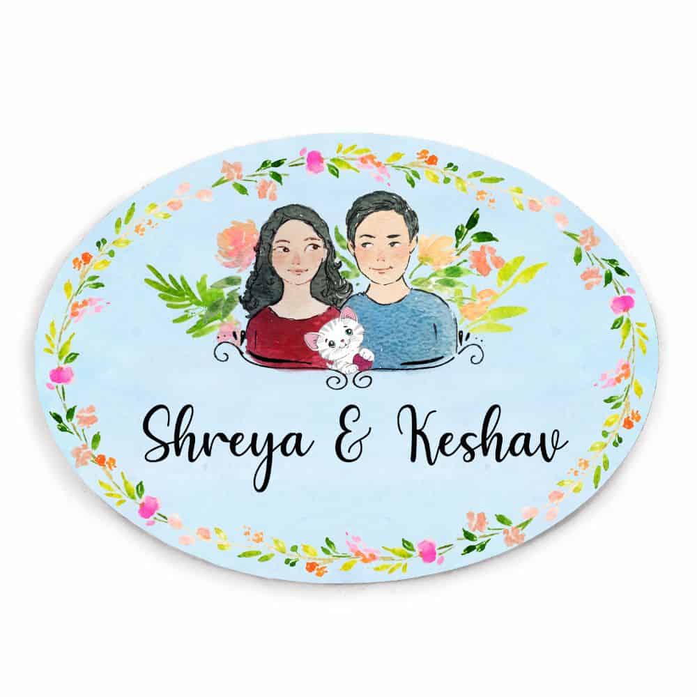 Handpainted Customized Name Plate - Couple with cat Name Plate - rangreli