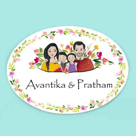 Family with 2 Daughters - Handpainted Personalised Name Plate - Rangreli