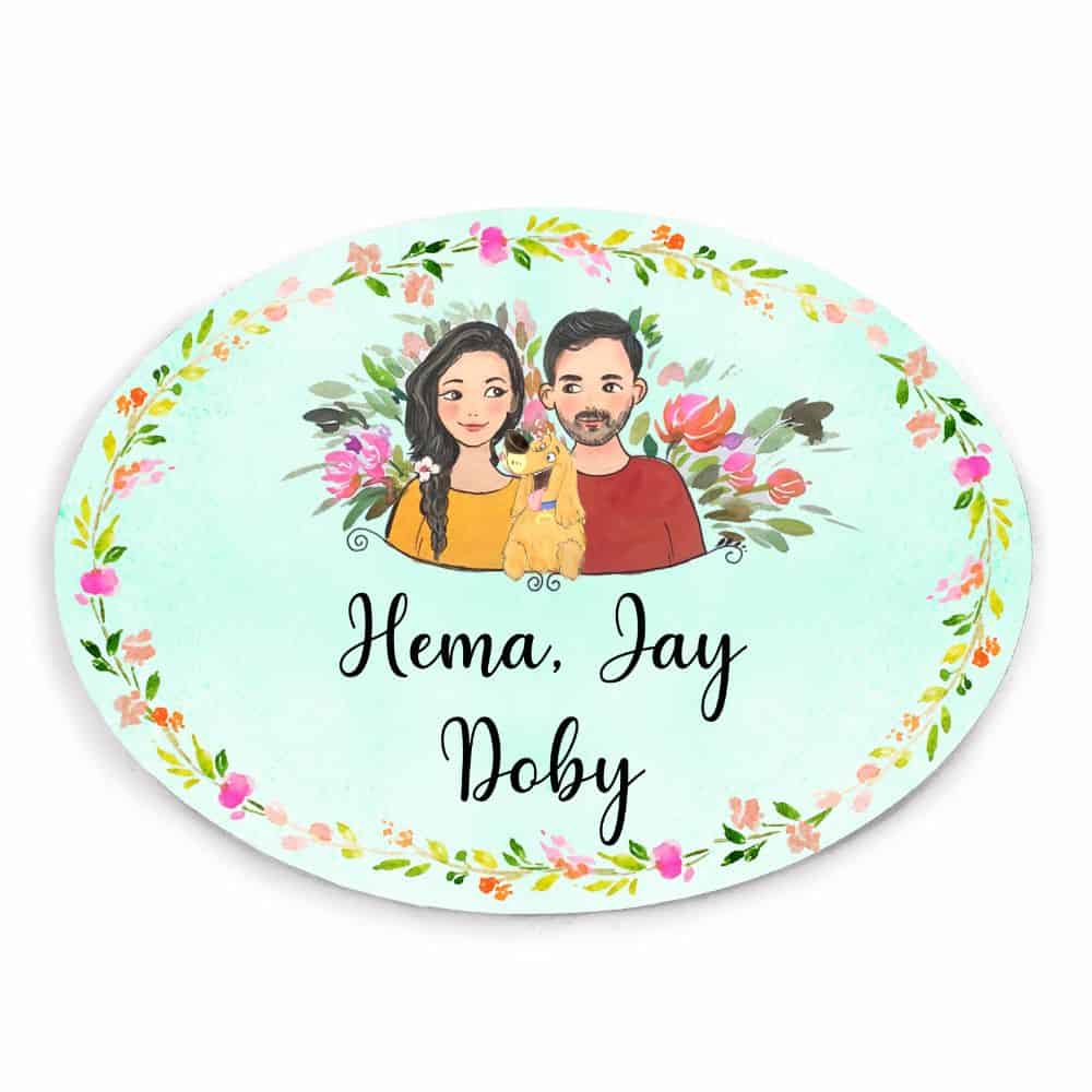 Handpainted Customized Name plate - Couple with Pet Dog Name Plate - rangreli