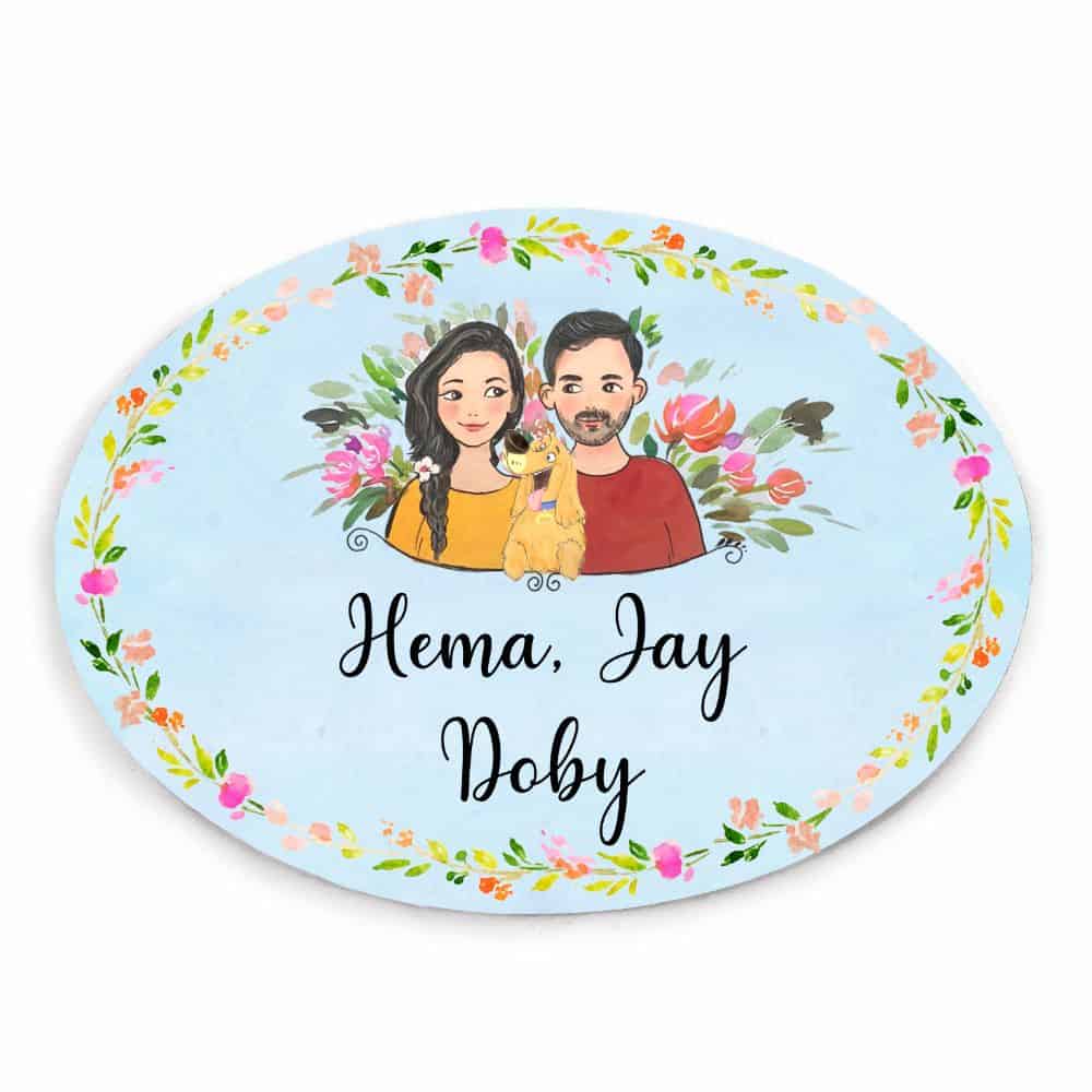 Handpainted Customized Name plate - Couple with Pet Dog Name Plate - rangreli