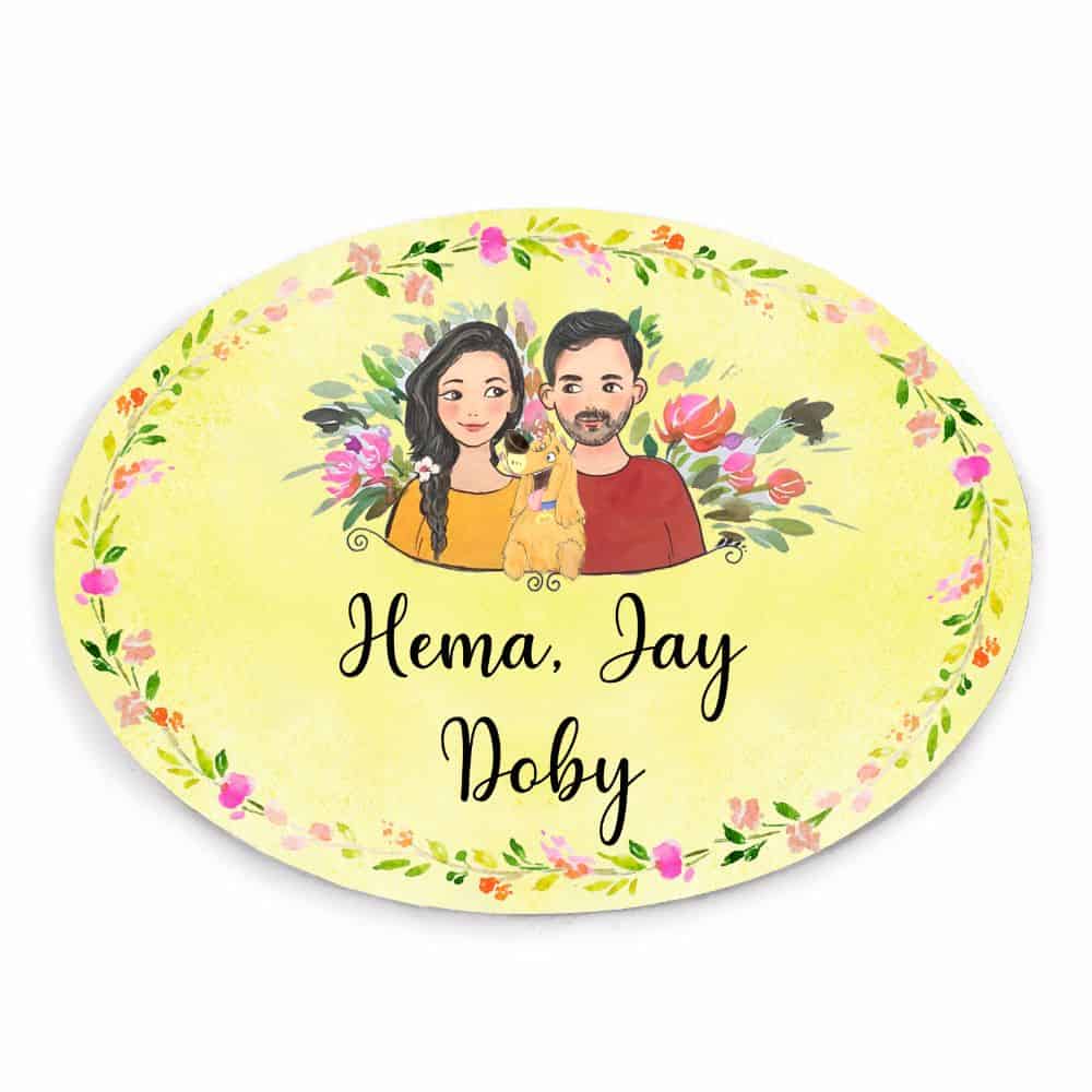 Handpainted Customized Name plate - Couple with Pet Dog Name Plate - rangreli