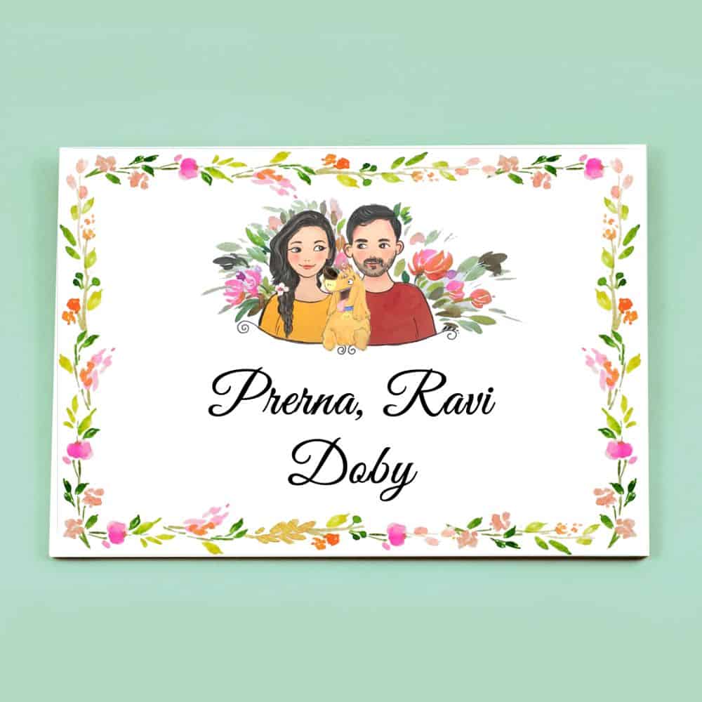 Handpainted Customized Name plate - Couple with Pet Dog Name Plate - rangreli