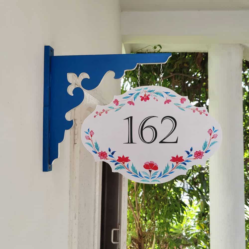 Handpainted Hanging Name plate - Navy Victorian Red Flowers - rangreli