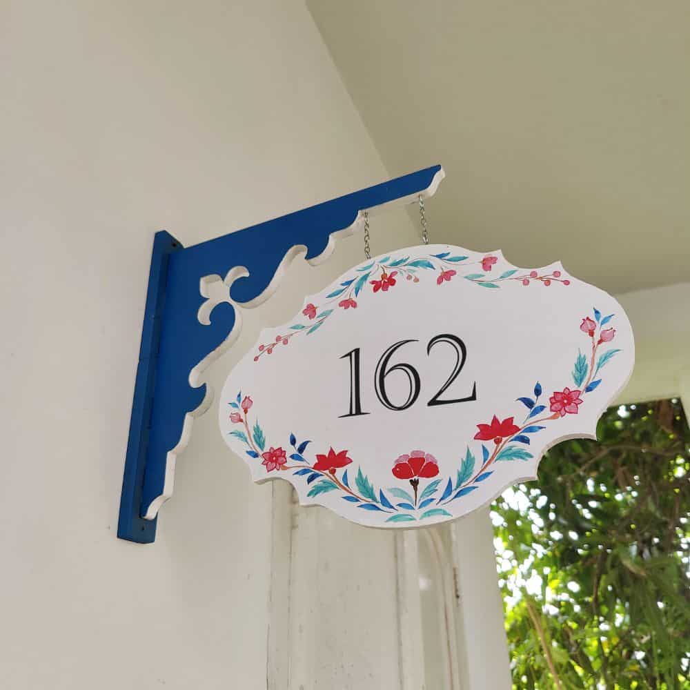 Handpainted Hanging Name plate - Navy Victorian Red Flowers - rangreli