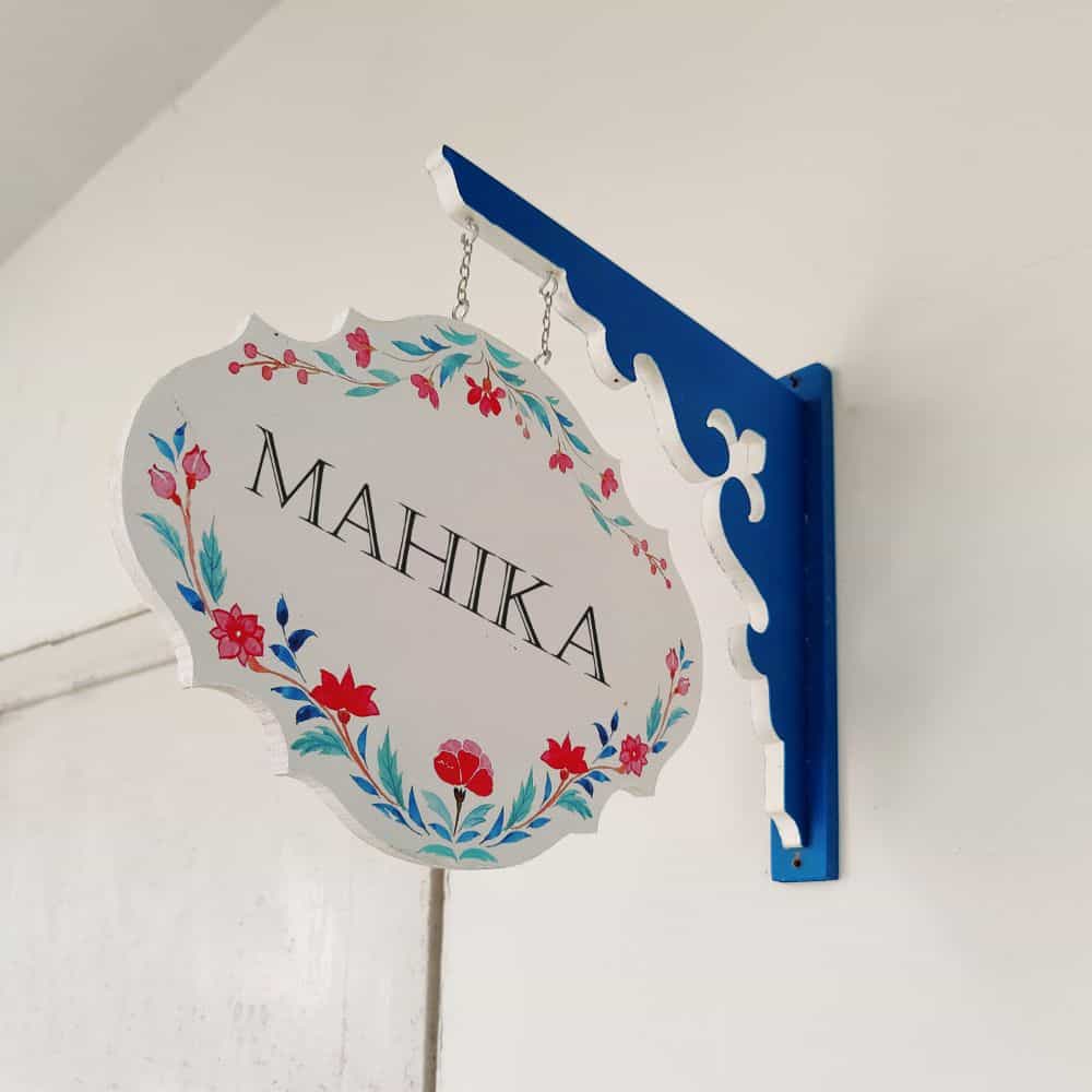 Handpainted Hanging Name plate - Navy Victorian Red Flowers - rangreli