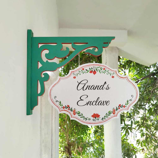 Handpainted Hanging Name plate - Green Victorian White Red Border - Rangreli