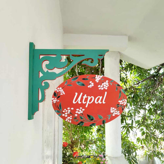 Handpainted Hanging Name plate - Green Red Oval White Flowers - Rangreli