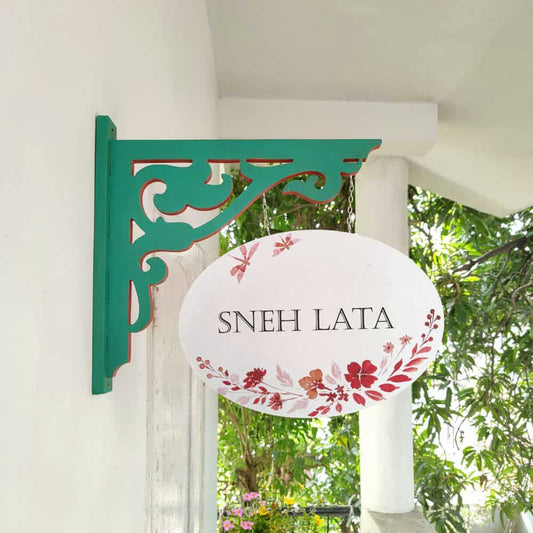 Handpainted Hanging Name plate - Green Oval White Red Flowers - Rangreli