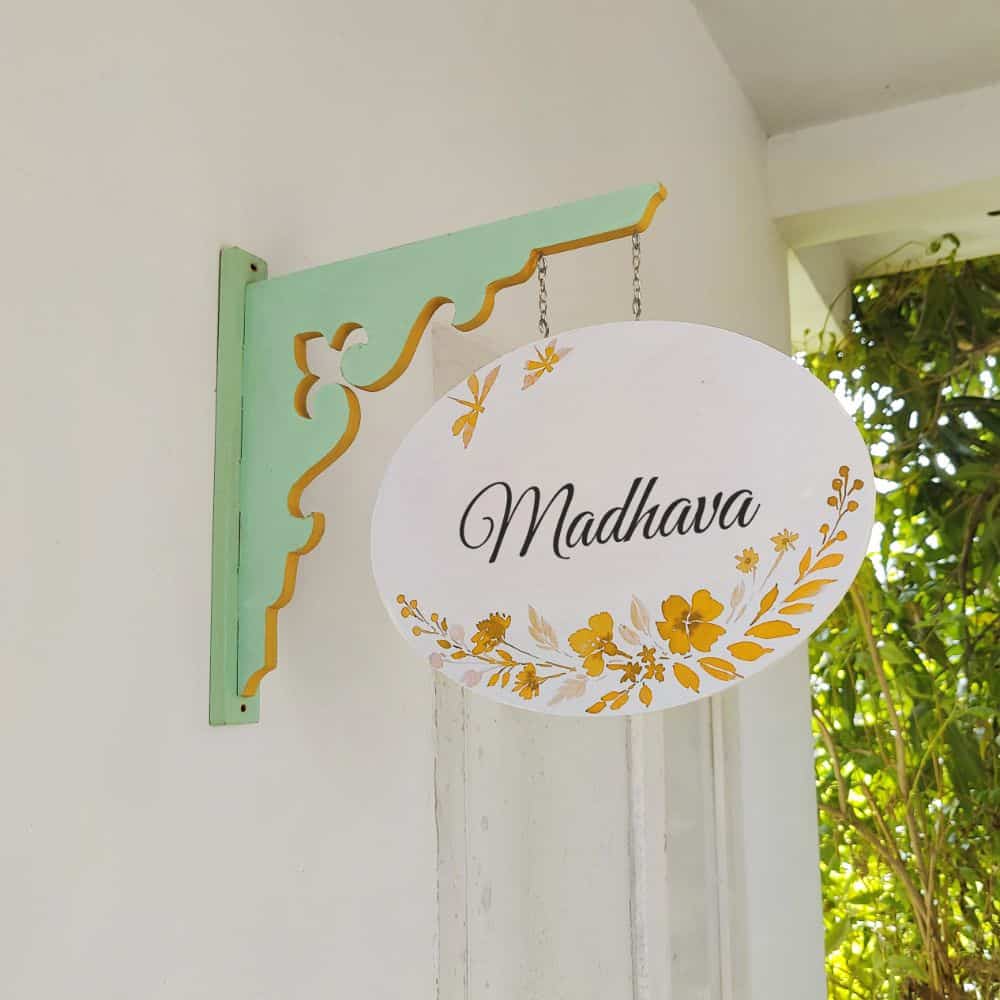 Handpainted Hanging Name plate - Mint Green Oval White Yellow Flowers - rangreli