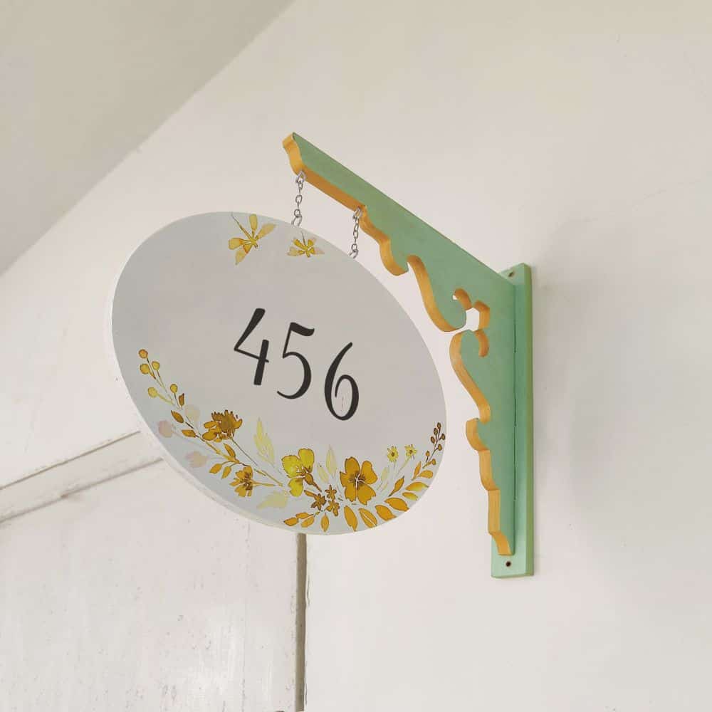 Handpainted Hanging Name plate - Mint Green Oval White Yellow Flowers - rangreli