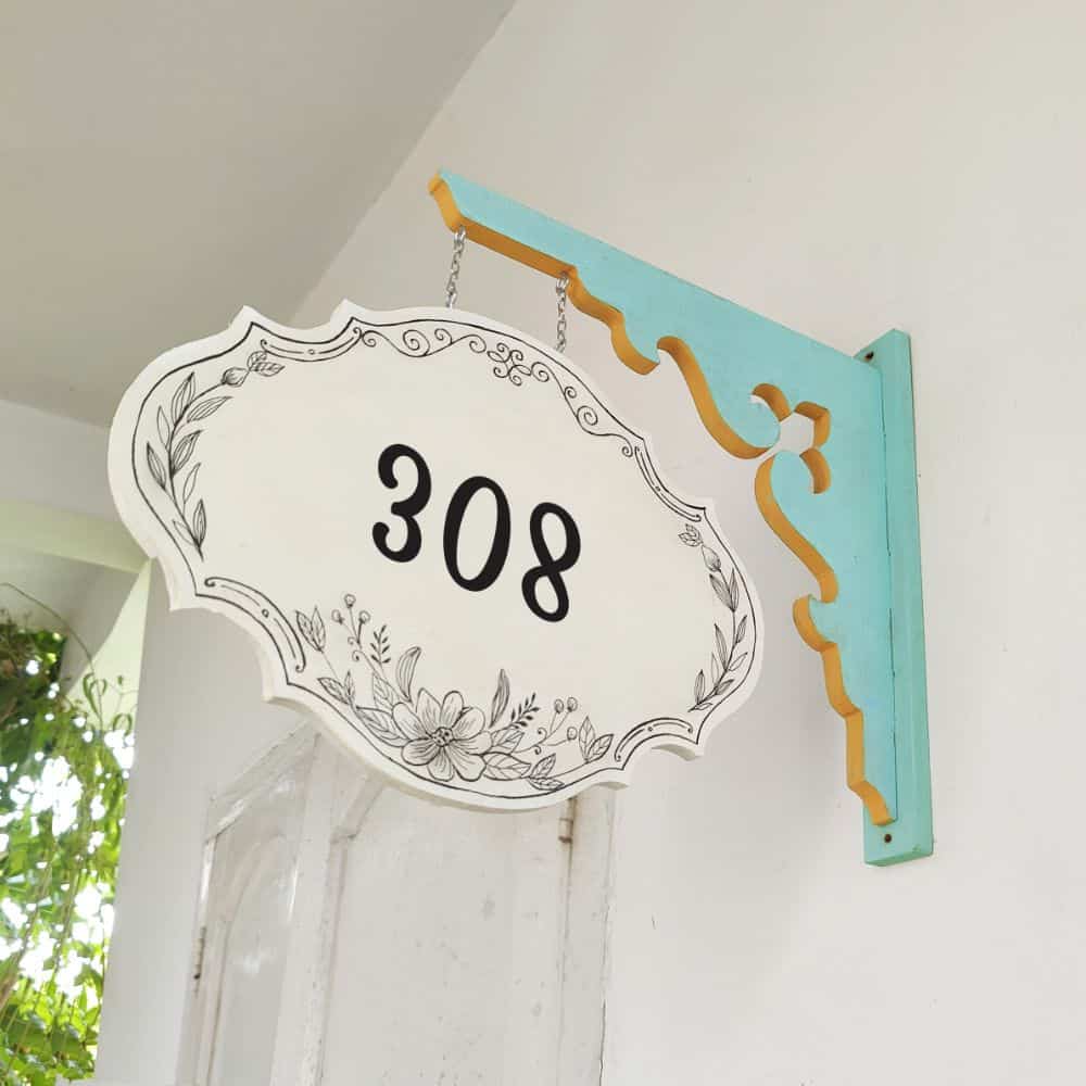 Handpainted Hanging Name plate - Teal Victorian Ivory Black Border - rangreli