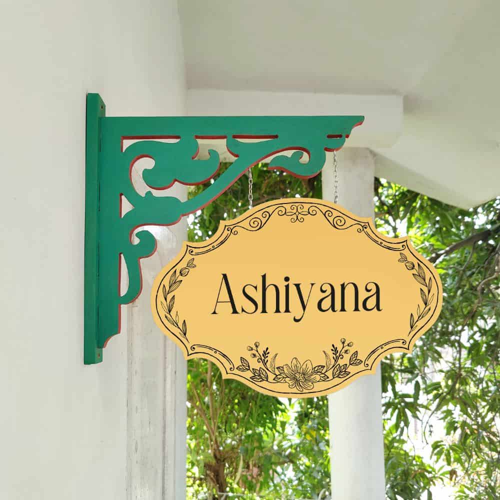Handpainted Wall Hanging Name plate - Green Victorian Yellow Black Border - rangreli