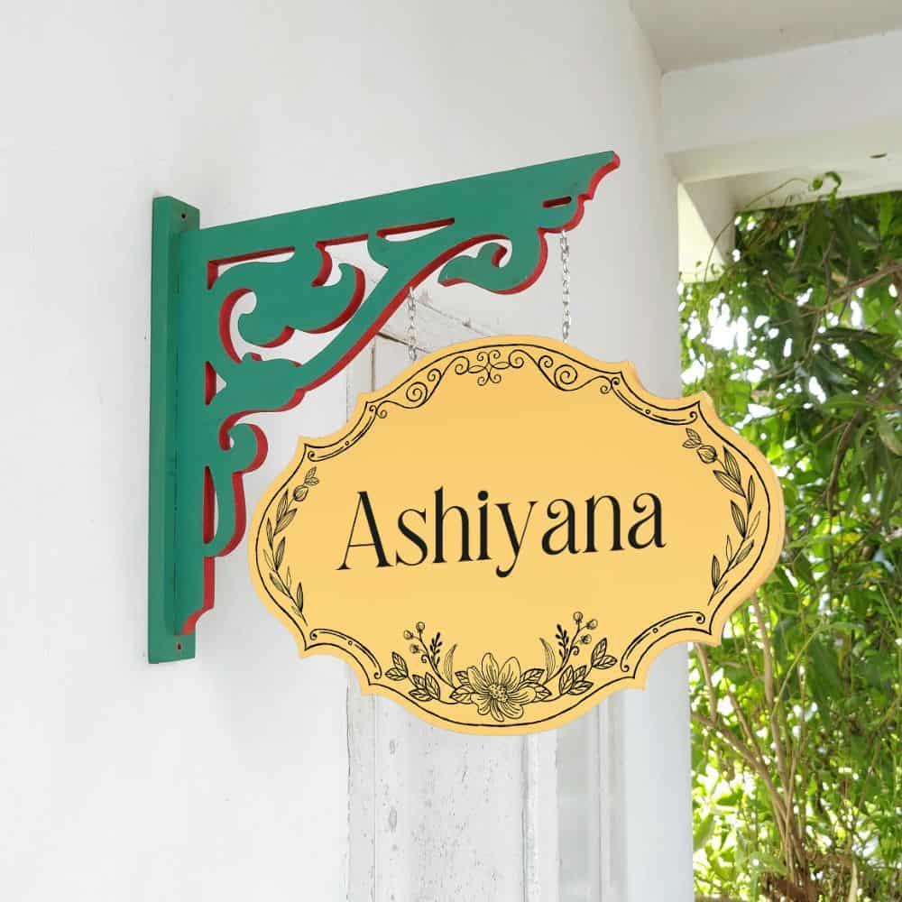 Handpainted Hanging Name plate - Green Victorian Yellow Black Border - rangreli