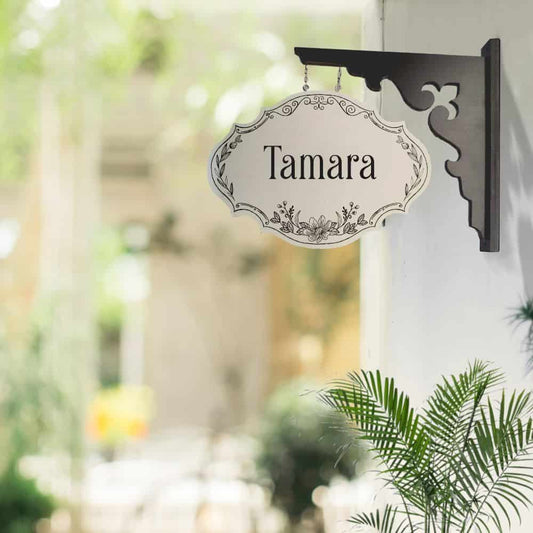 Handpainted Hanging Name plate - Ivory Victorian with Graphite Black Bracket - Rangreli