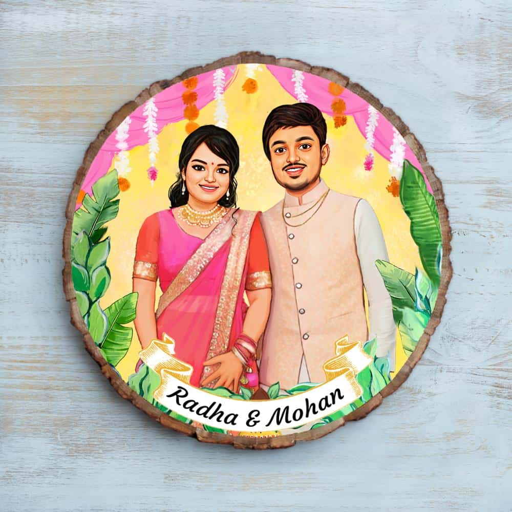 Handpainted Personalized Illustration Bark Nameplate - Wedding Couple - Rangreli