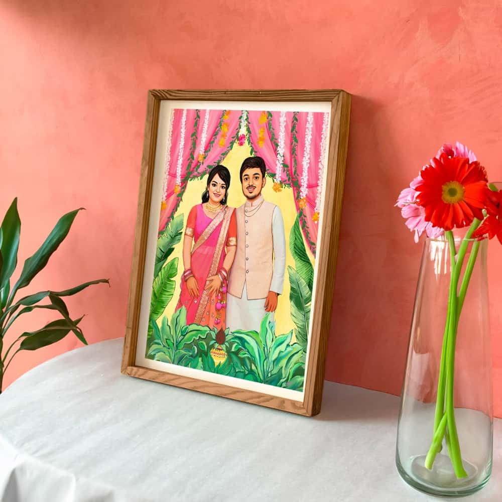 Rectangle Photo based Family Illustration Portrait - Wedding Couple - rangreli