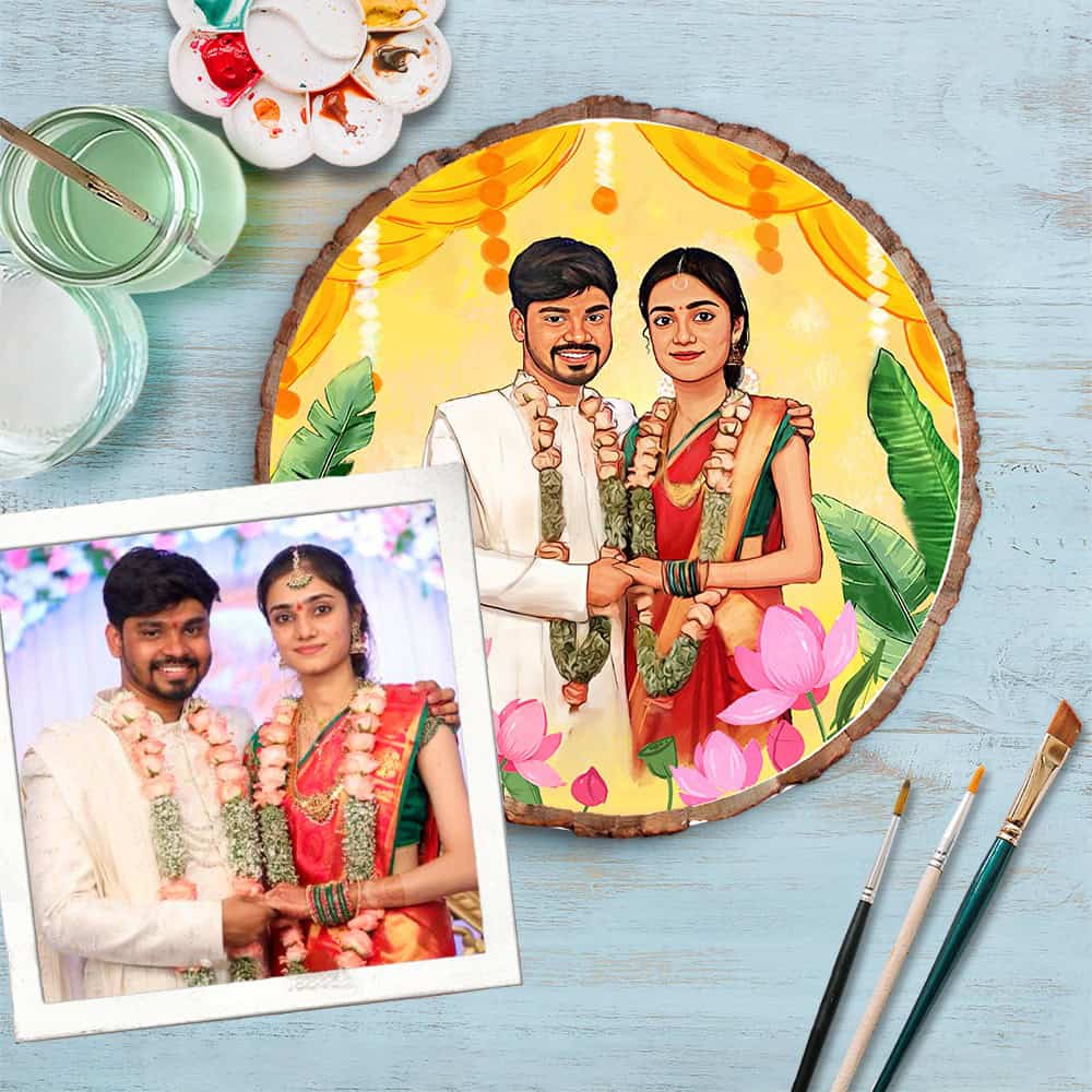 Handpainted Personalized Illustration Bark Nameplate - Wedding Couple - Rangreli
