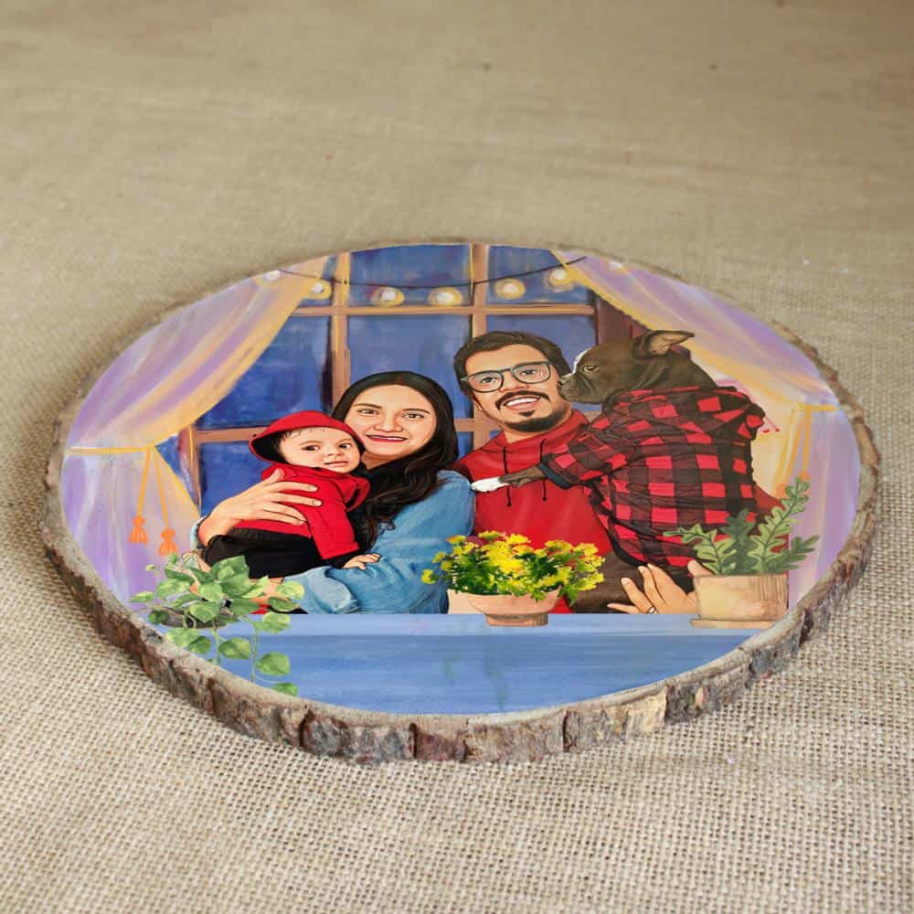 Handpainted Personalized Illustration Bark Nameplate - Family in Balcony - rangreli