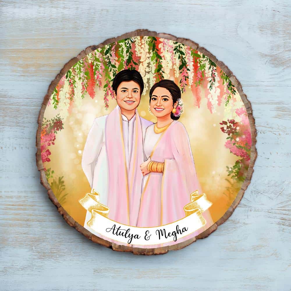 Handpainted Personalized Illustration Bark Nameplate - Wedding Couple1 - Rangreli