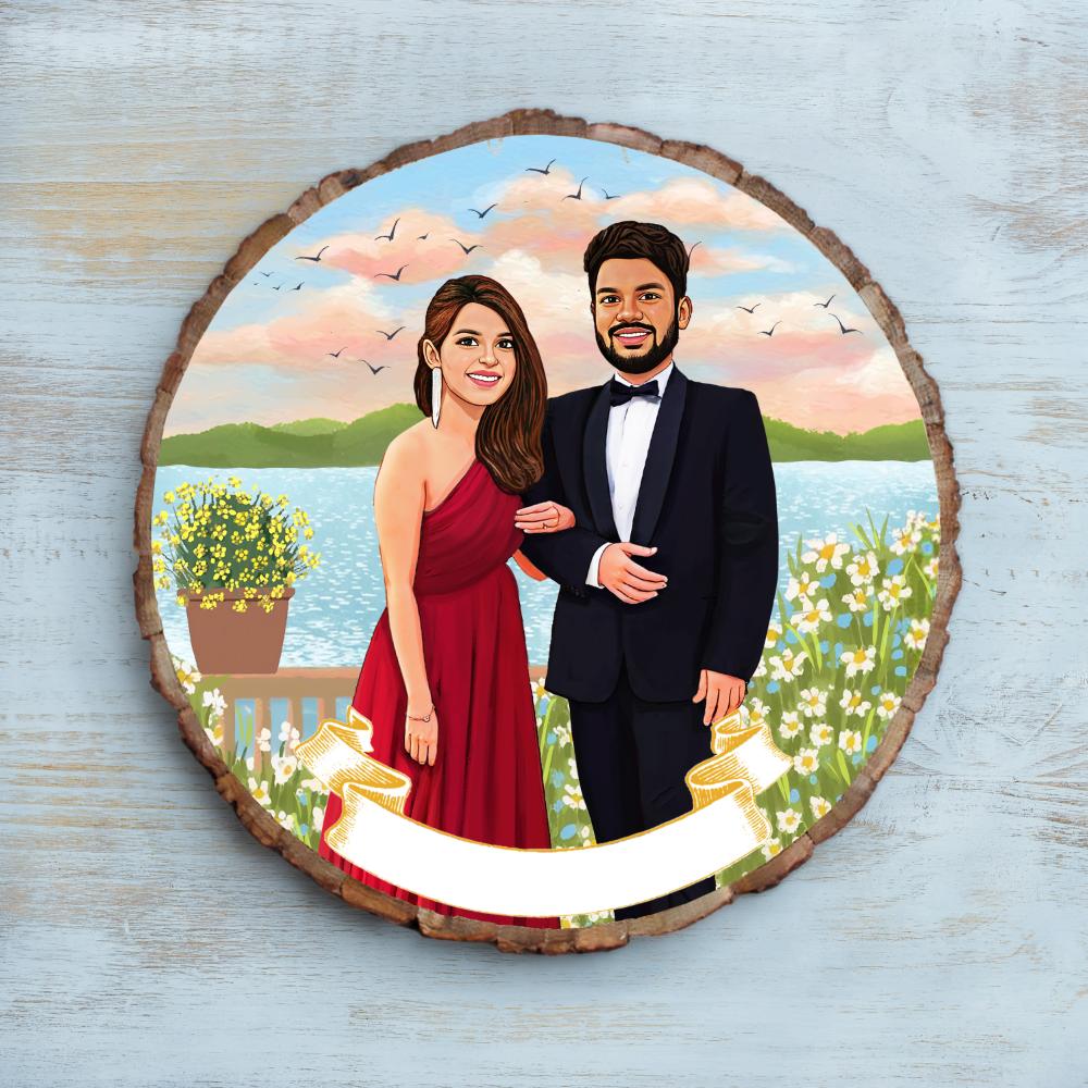Handpainted Personalized Illustration Bark Nameplate - Couple Goal - Rangreli