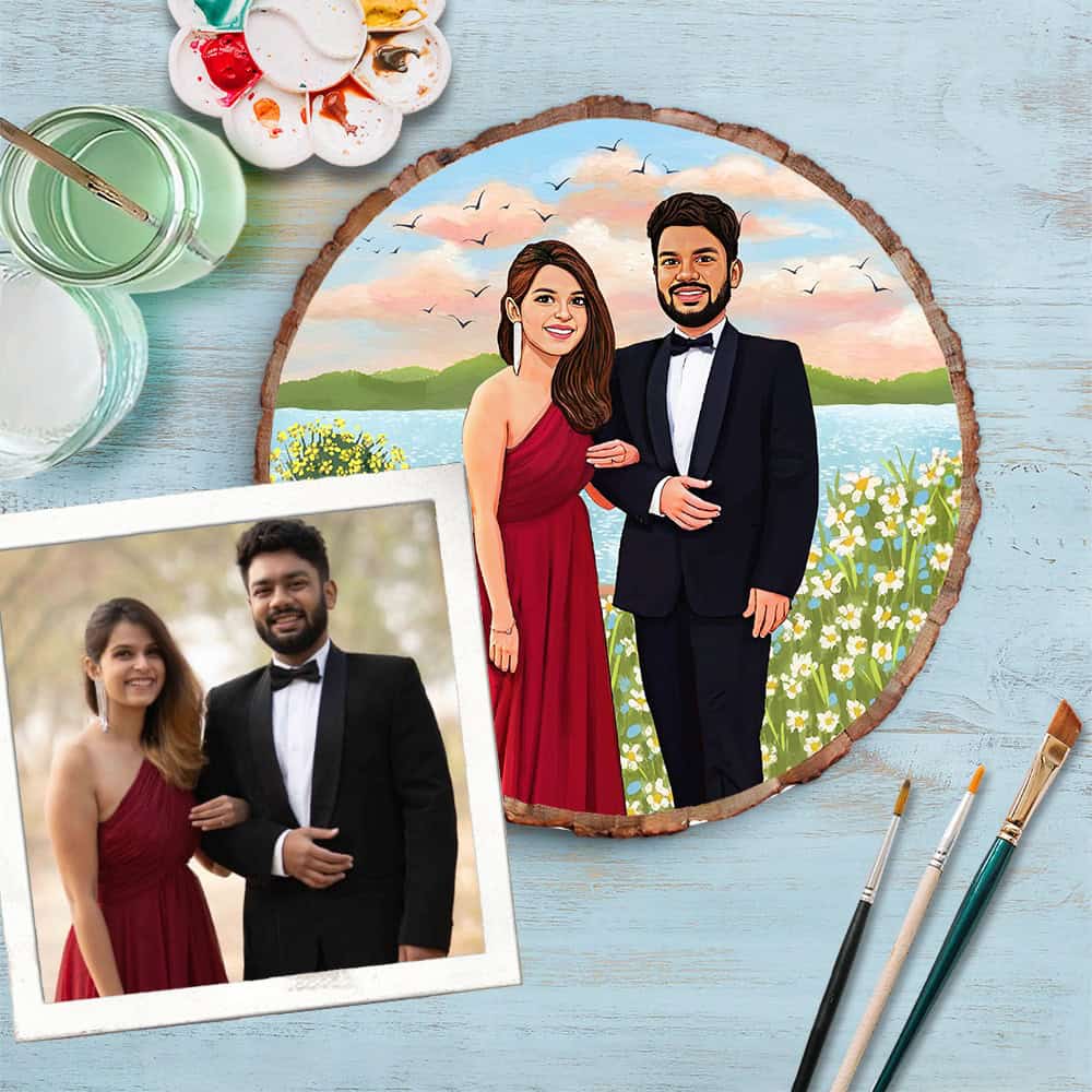 Handpainted Personalized Illustration Bark Nameplate - Couple Goal - Rangreli