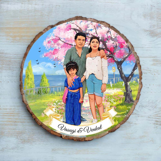Handpainted Personalized Illustration Bark Nameplate - Family on Holiday - Rangreli