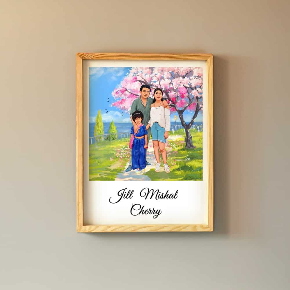Rectangle Photo based Family Illustration Portrait - Family under Cherry Blossom - rangreli