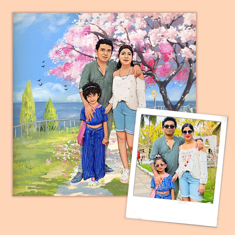 Rectangle Photo based Family Illustration Portrait - Family under Cherry Blossom - rangreli