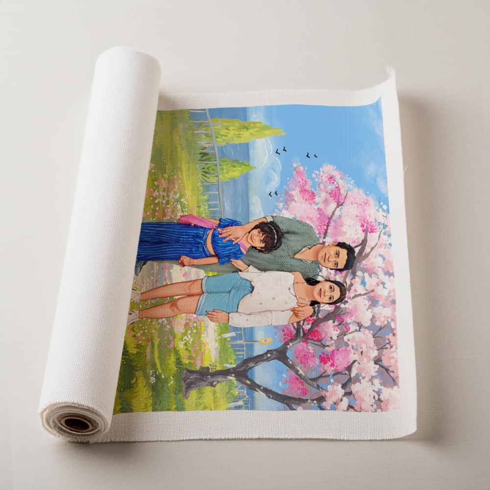 Rectangle Photo based Family Illustration Portrait - Family under Cherry Blossom - rangreli