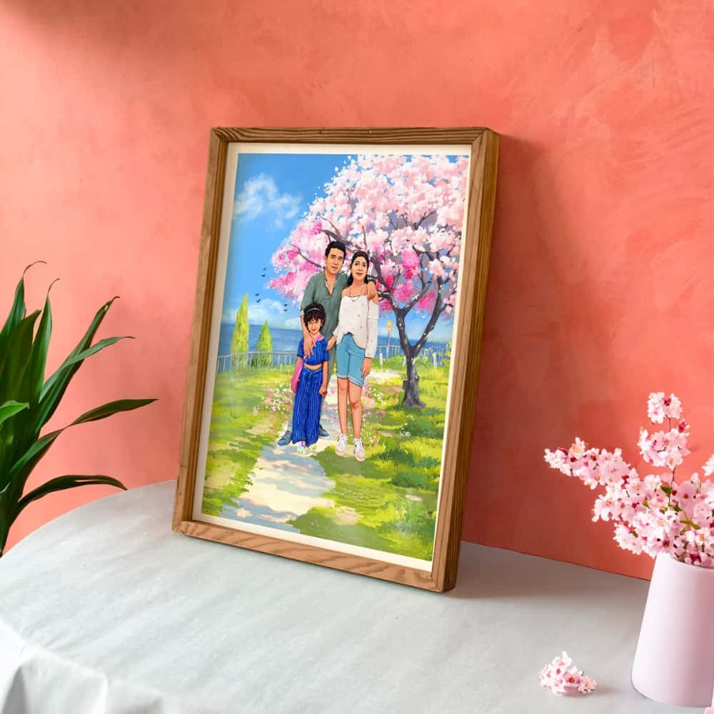 Rectangle Photo based Family Illustration Portrait - Family under Cherry Blossom - rangreli