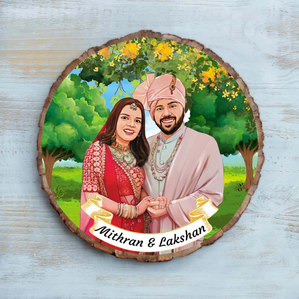 Handpainted Personalized Illustration Bark Nameplate - Wedding Couple 11 - Rangreli
