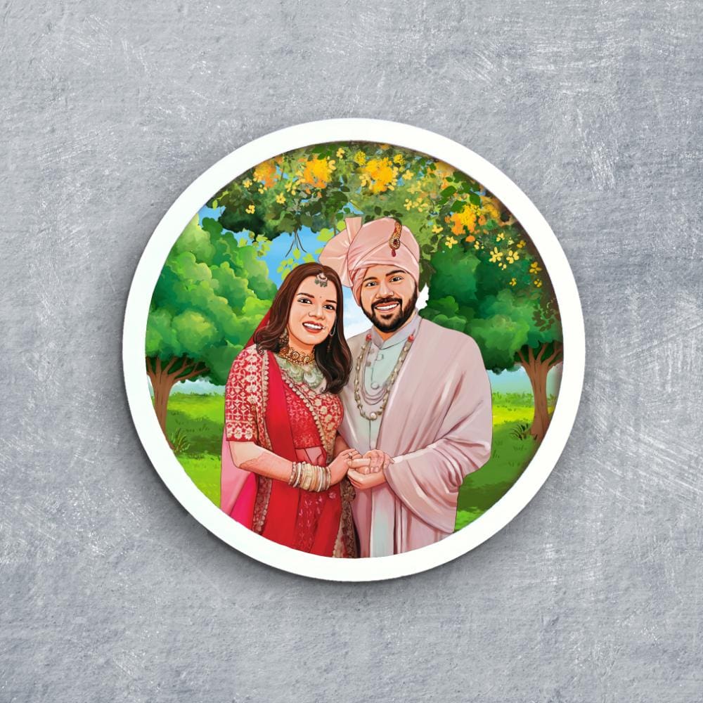 Handpainted Personalized Illustration Bark Nameplate - Wedding Couple 11 - Rangreli