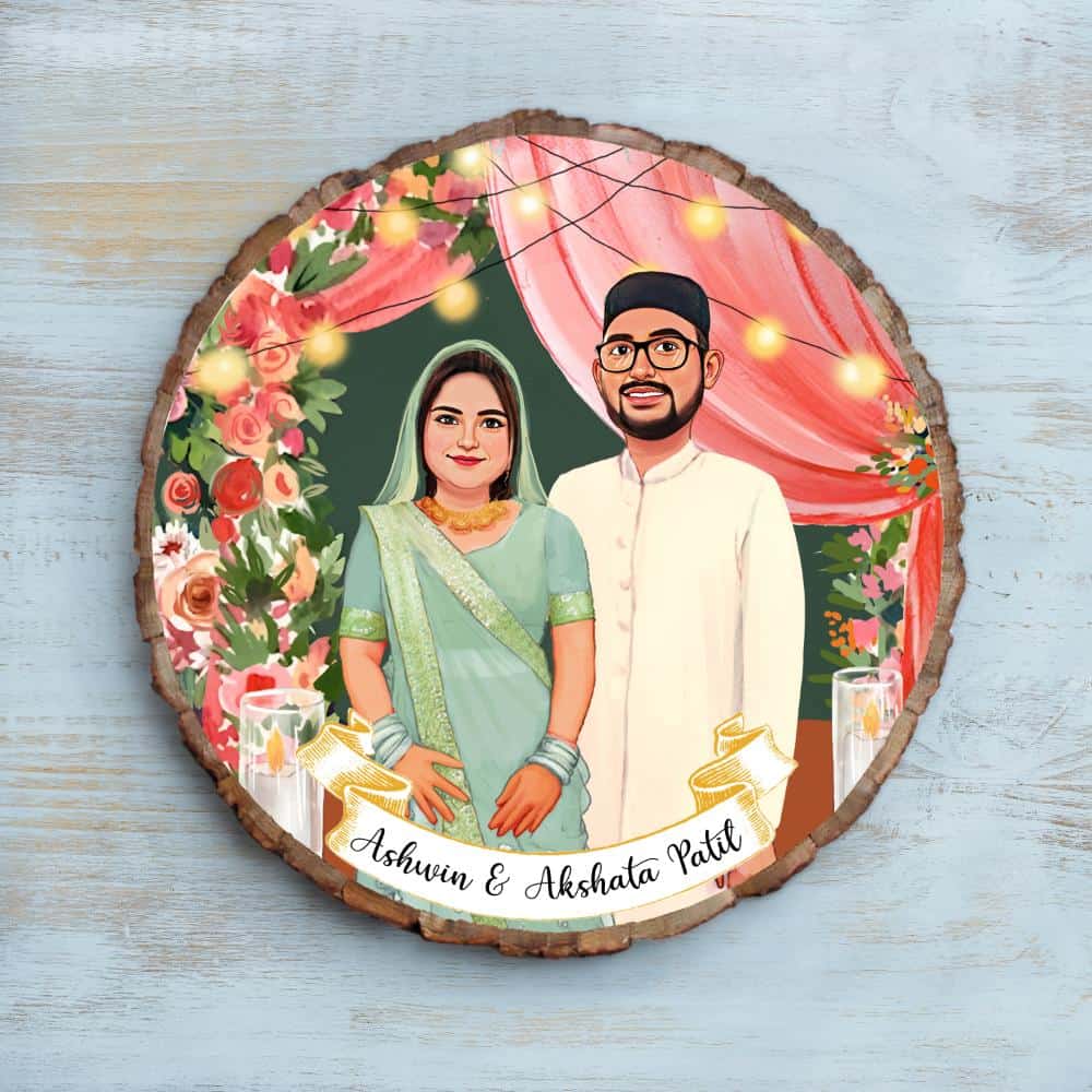 Handpainted Personalized Illustration Bark Nameplate - Party Couple - Rangreli