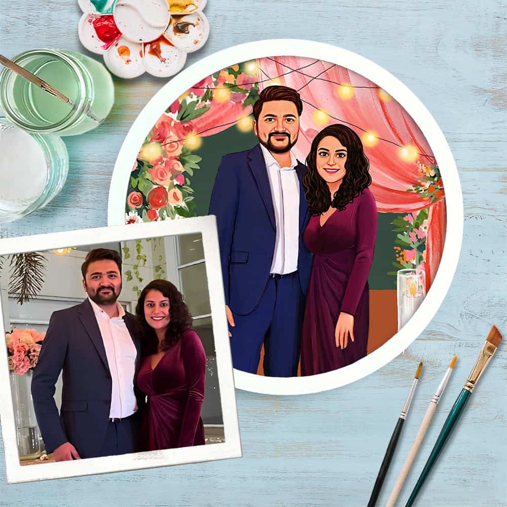 Handpainted Personalized Illustration Bark Nameplate - Party Couple - Rangreli