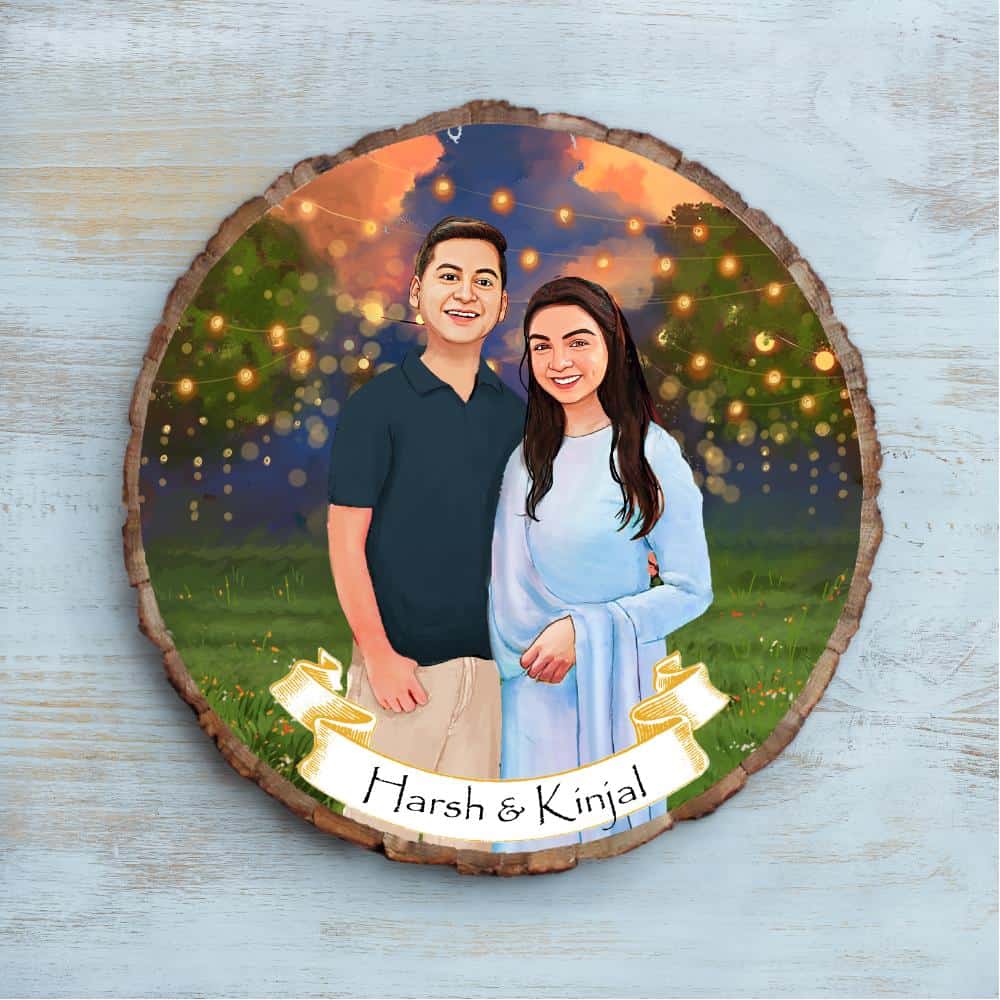 Handpainted Personalized Illustration Bark Nameplate - Wedding Couple 9 - Rangreli