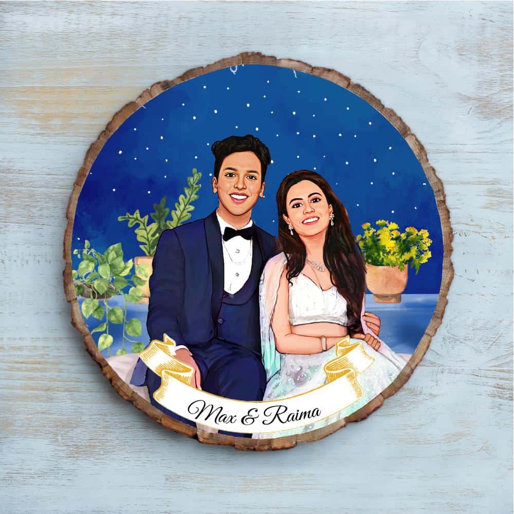 Handpainted Personalized Illustration Bark Nameplate - Wedding Couple11 - Rangreli