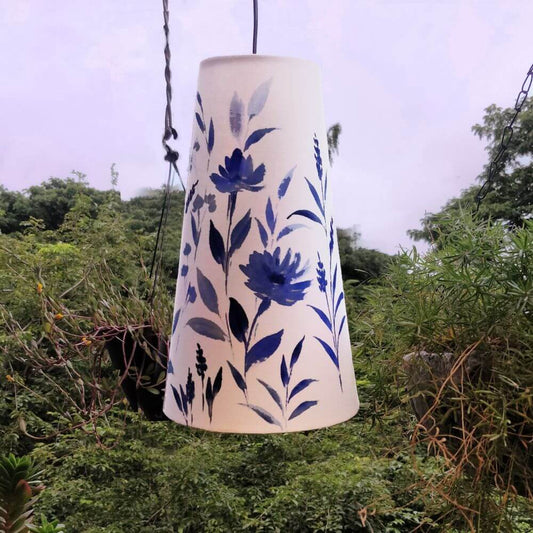 Long Cone Pendant Lamp - Blue Monochrome Floral - rangreli