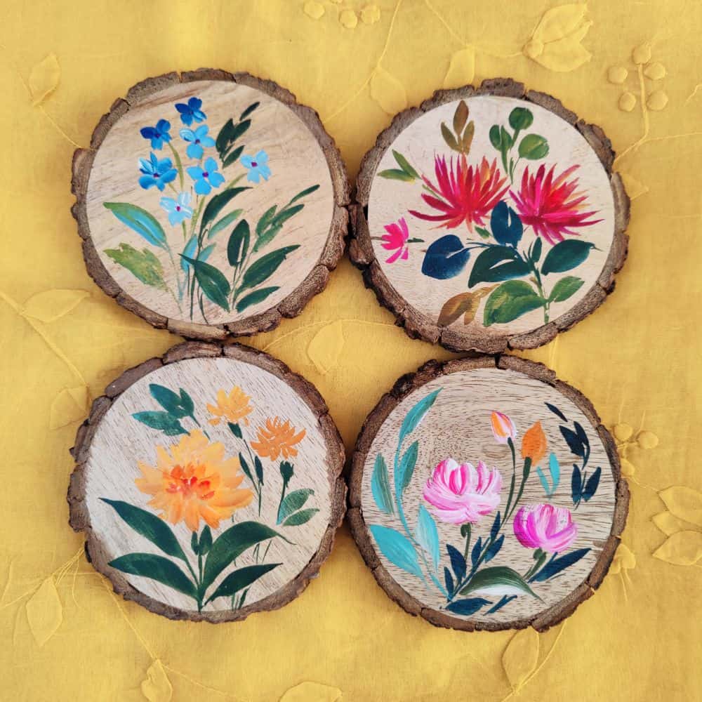 Set of 4 Bark Coasters - Floral Set 1 - Rangreli