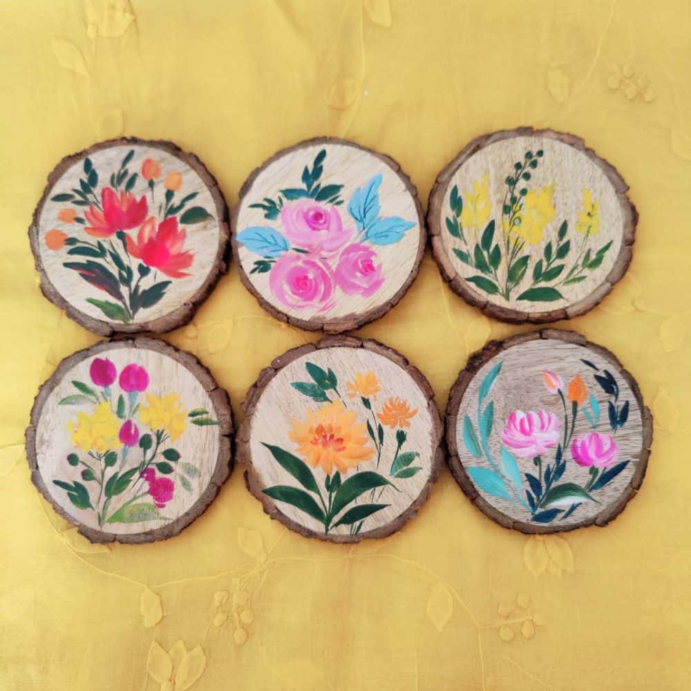 Set of 6 Bark Coasters - Floral Set 1 - Rangreli