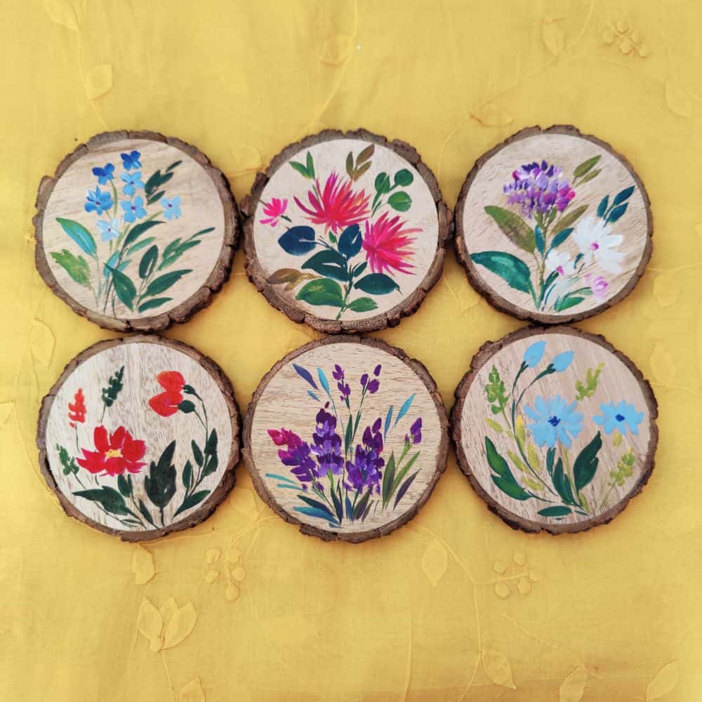 Set of 6 Bark Coasters - Floral Set 2 - Rangreli