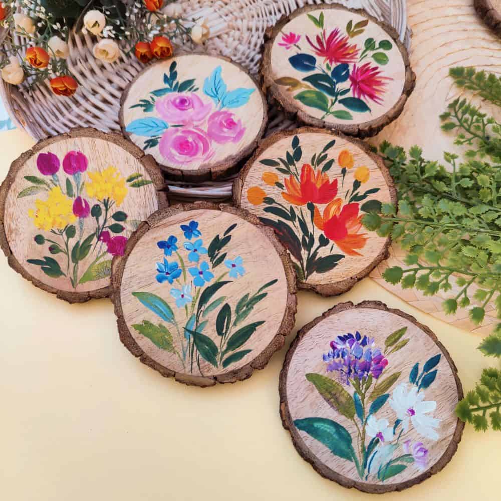 Set of 6 Bark Coasters - Floral Set 3 - rangreli