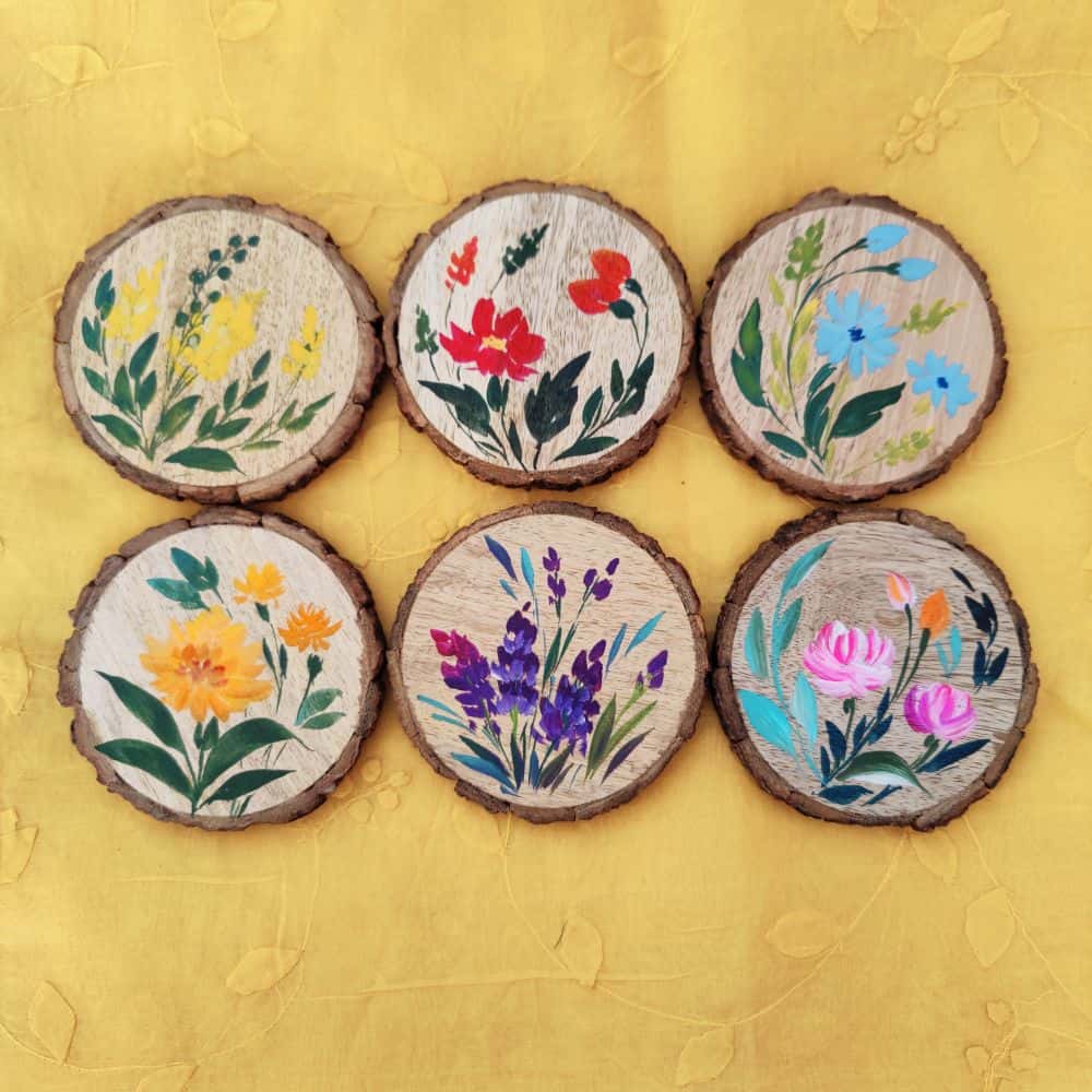 Set of 6 Bark Coasters - Floral Set 4 - Rangreli
