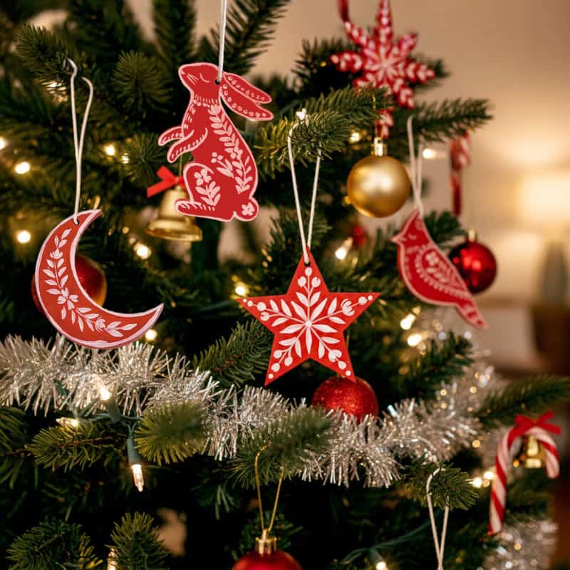 Nordic Noel – Red Folk Art Ornament Set
