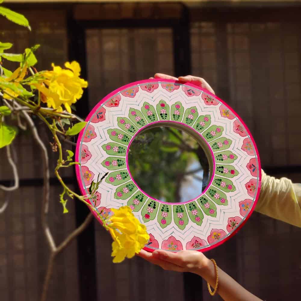 Decorative Designer Mirror - peach and green - Rangreli