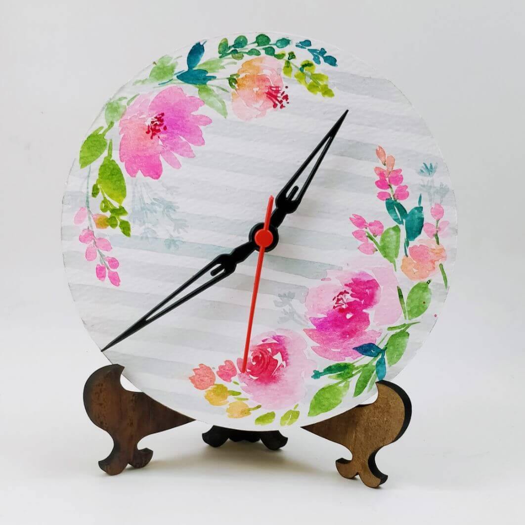 Grey Strips Floral Table Clock - rangreliart