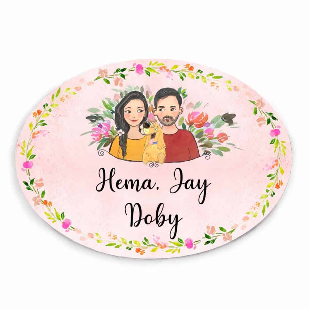 Handpainted Customized Name plate - Couple with Pet Dog Name Plate - rangreli