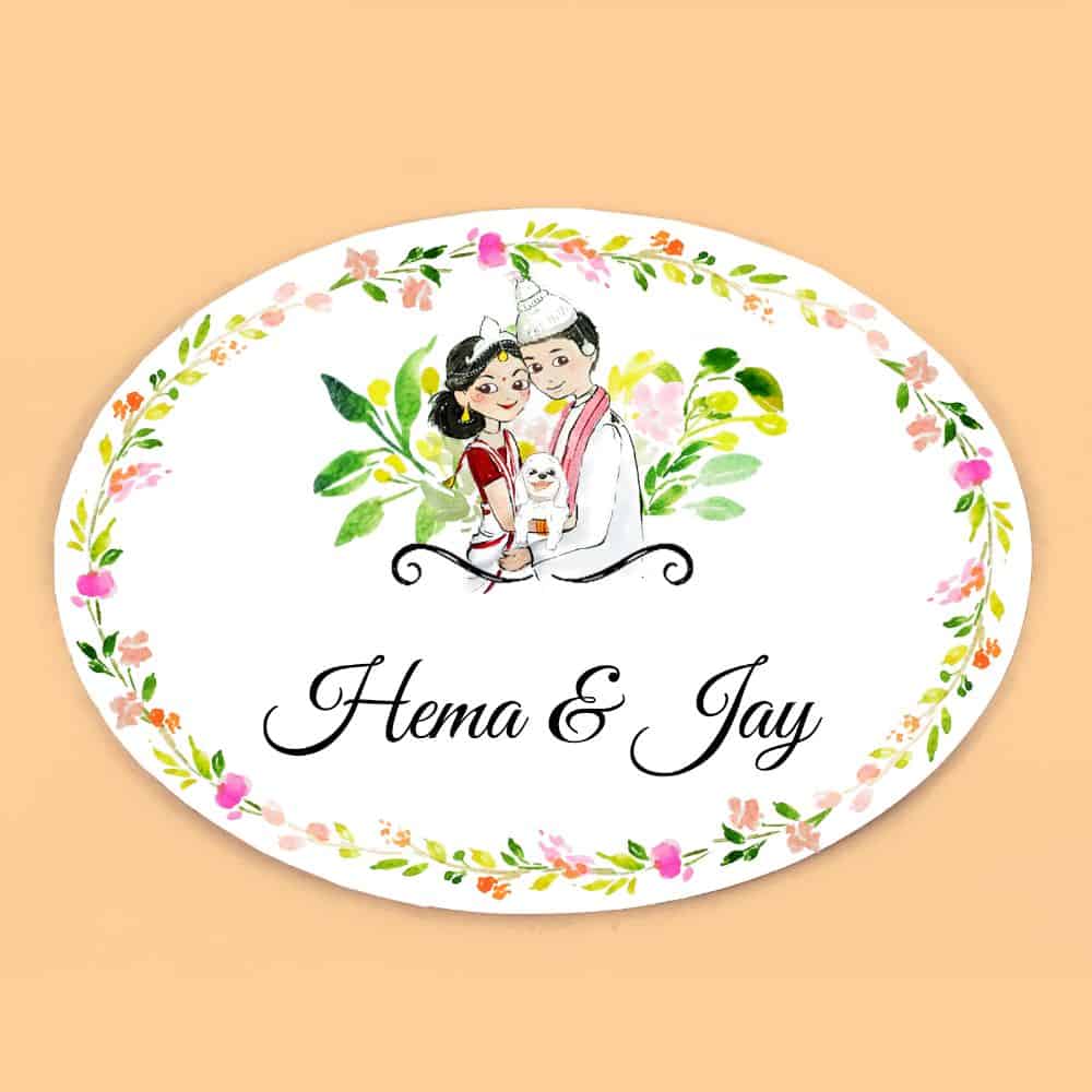 Handpainted Customized Name plate - Bangali Couple with Pet Name Plate - rangreli