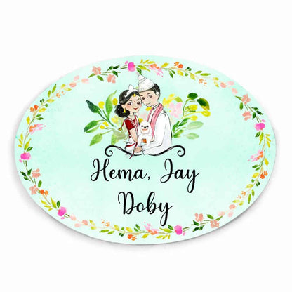 Handpainted Customized Name plate - Bangali Couple with Pet Name Plate - rangreli