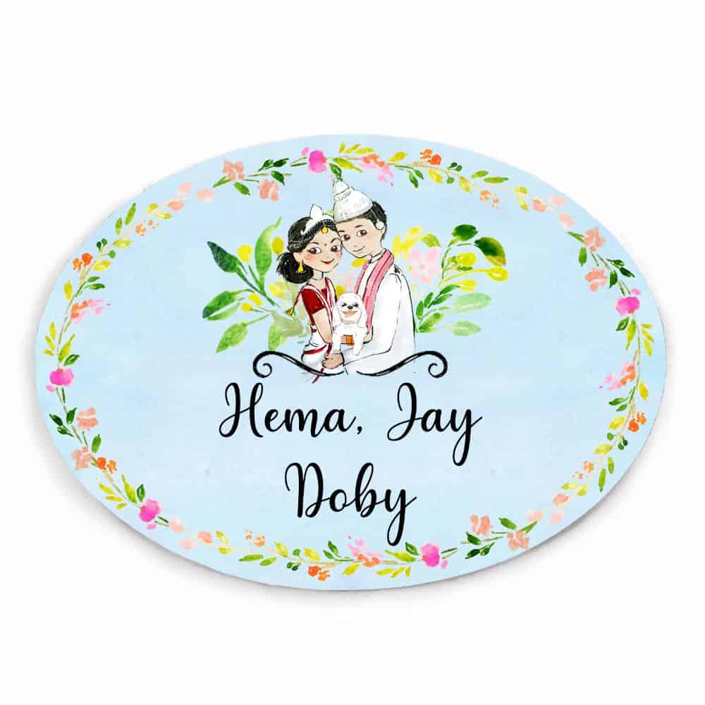 Handpainted Customized Name plate - Bangali Couple with Pet Name Plate - rangreli