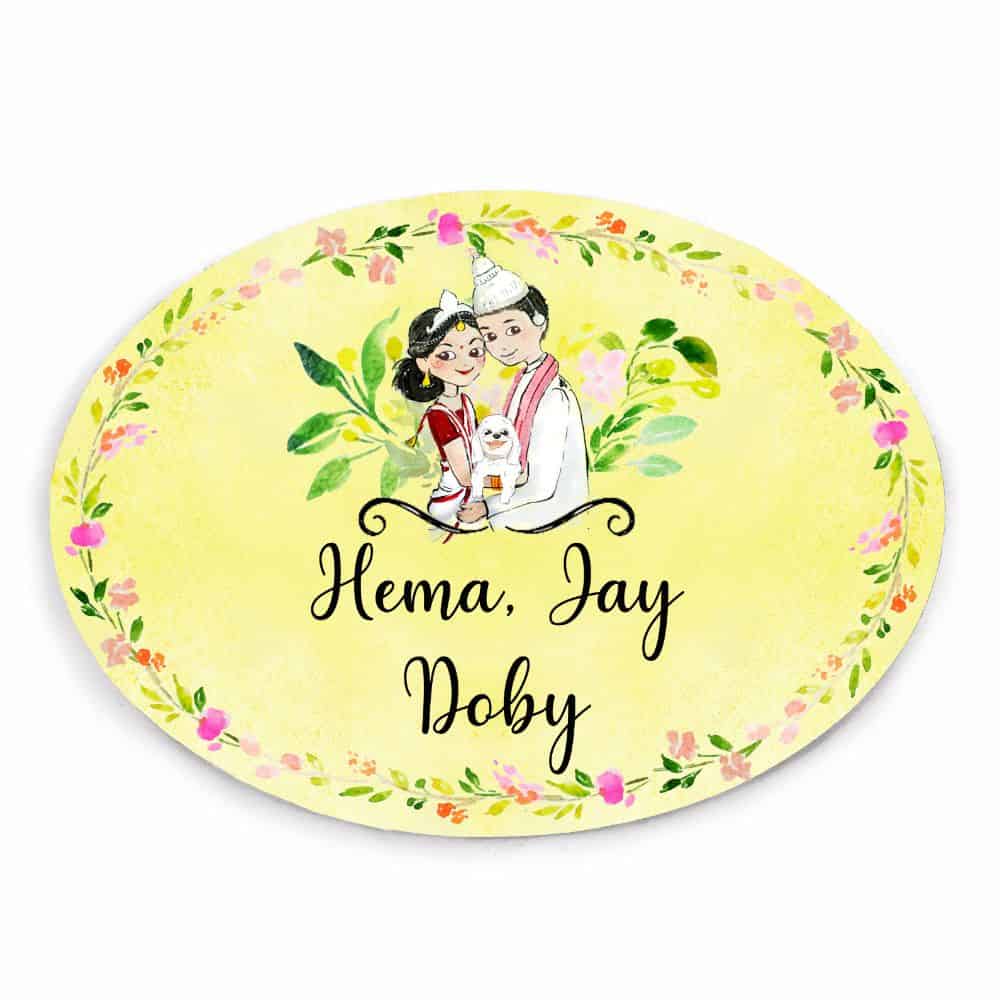 Handpainted Customized Name plate - Bangali Couple with Pet Name Plate - rangreli